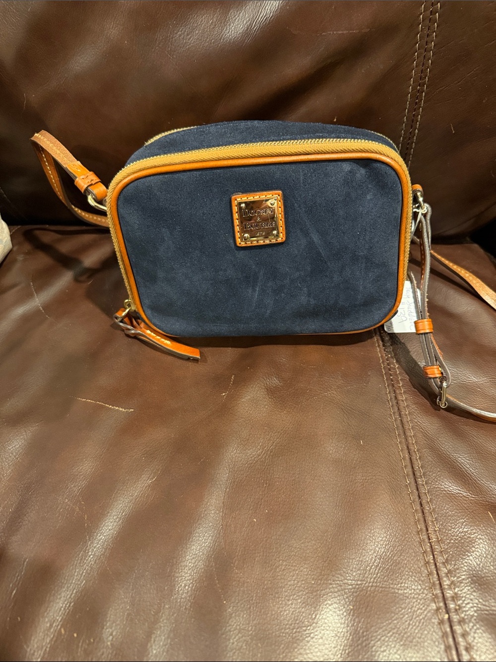 Dooney & Bourke Sawyer Navy Suede Camera Bag w British Tan Leather Trim EUC